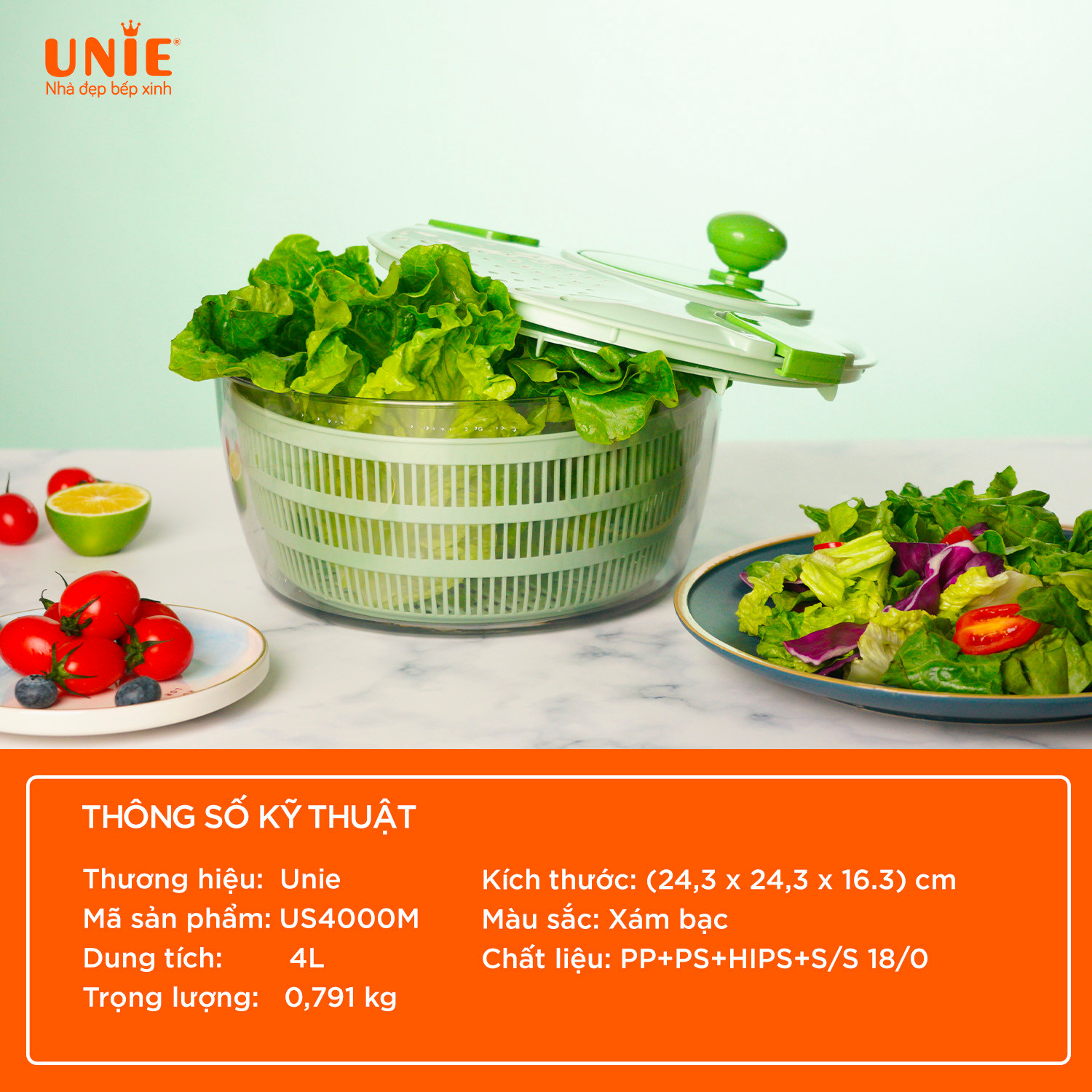 Bộ dụng cụ quay vắt đa năng Unie US4000M dung tích 4L, 7in1 - Ảnh 3