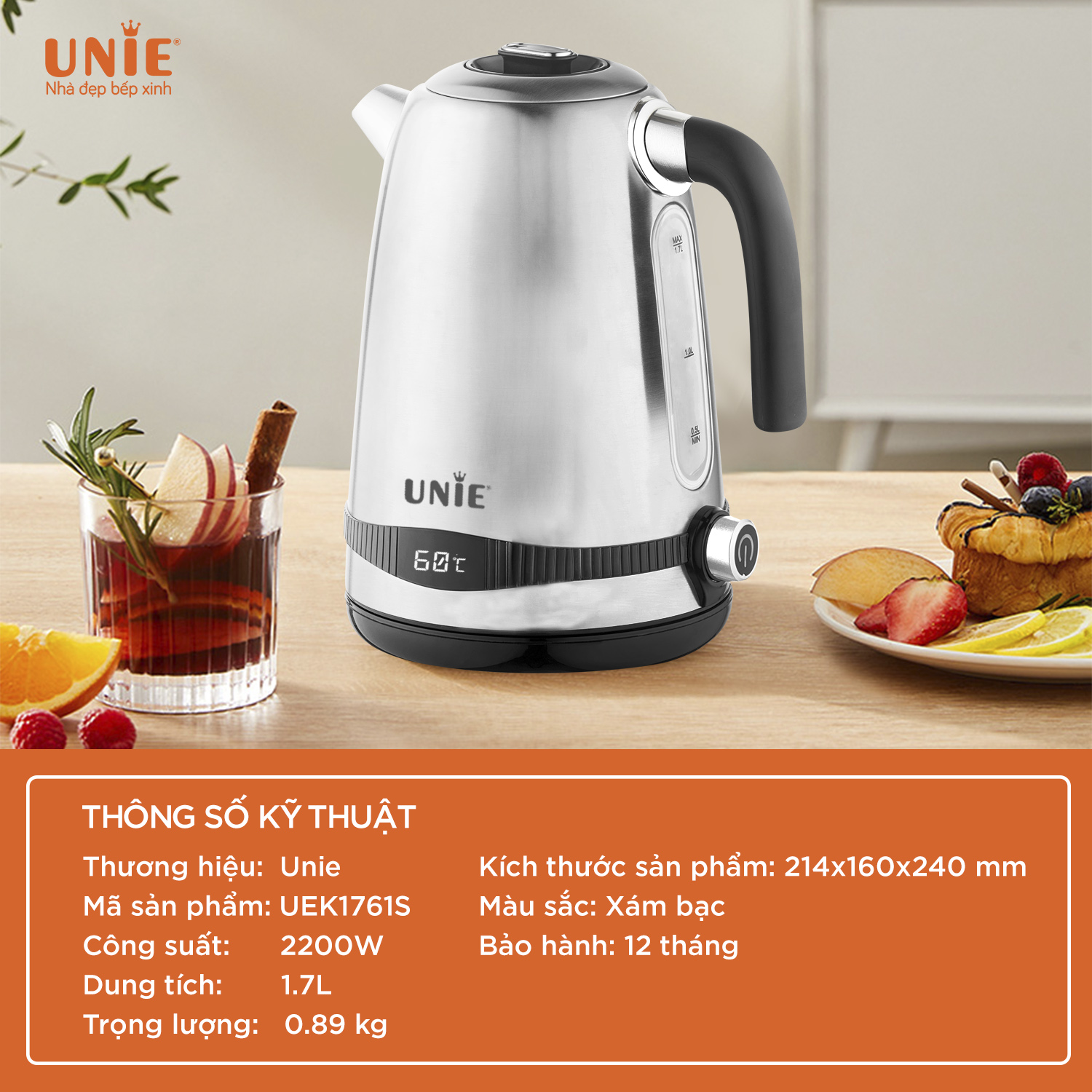 Ấm siêu tốc UNIE UEK1761S dung tích 1.7L, chất liệu inox 304 - Ảnh 2