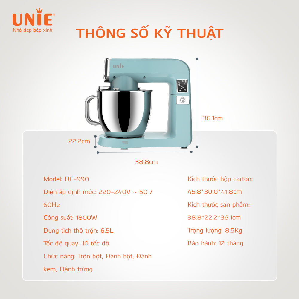Máy nhồi bột UNIE UE-990 dung tích 6.5L, 10 tốc độ điều chỉnh - Ảnh 10