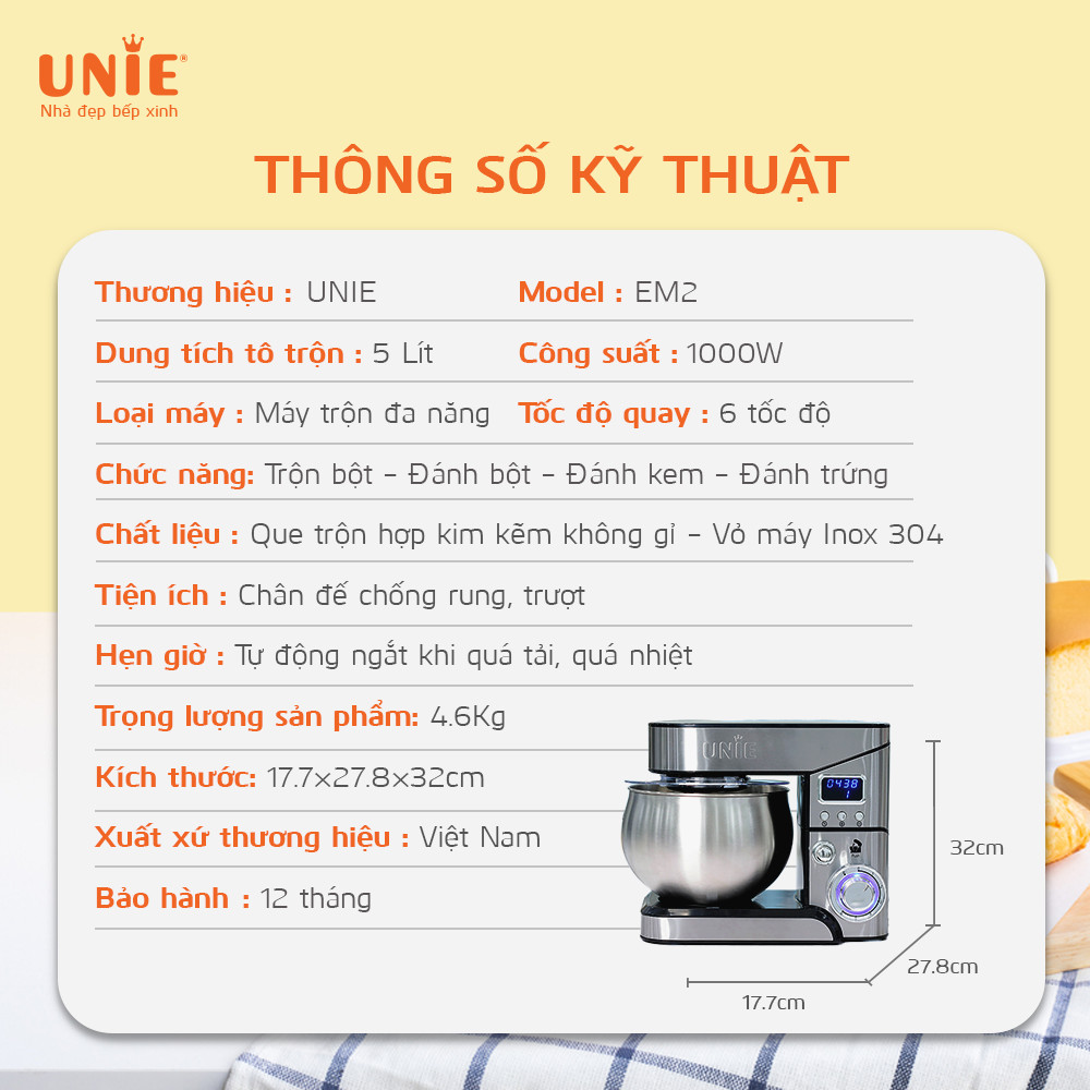 Máy trộn bột đa năng Unie EM2  dung tích 5L, 6 tốc độ điều chỉnh - Ảnh 12