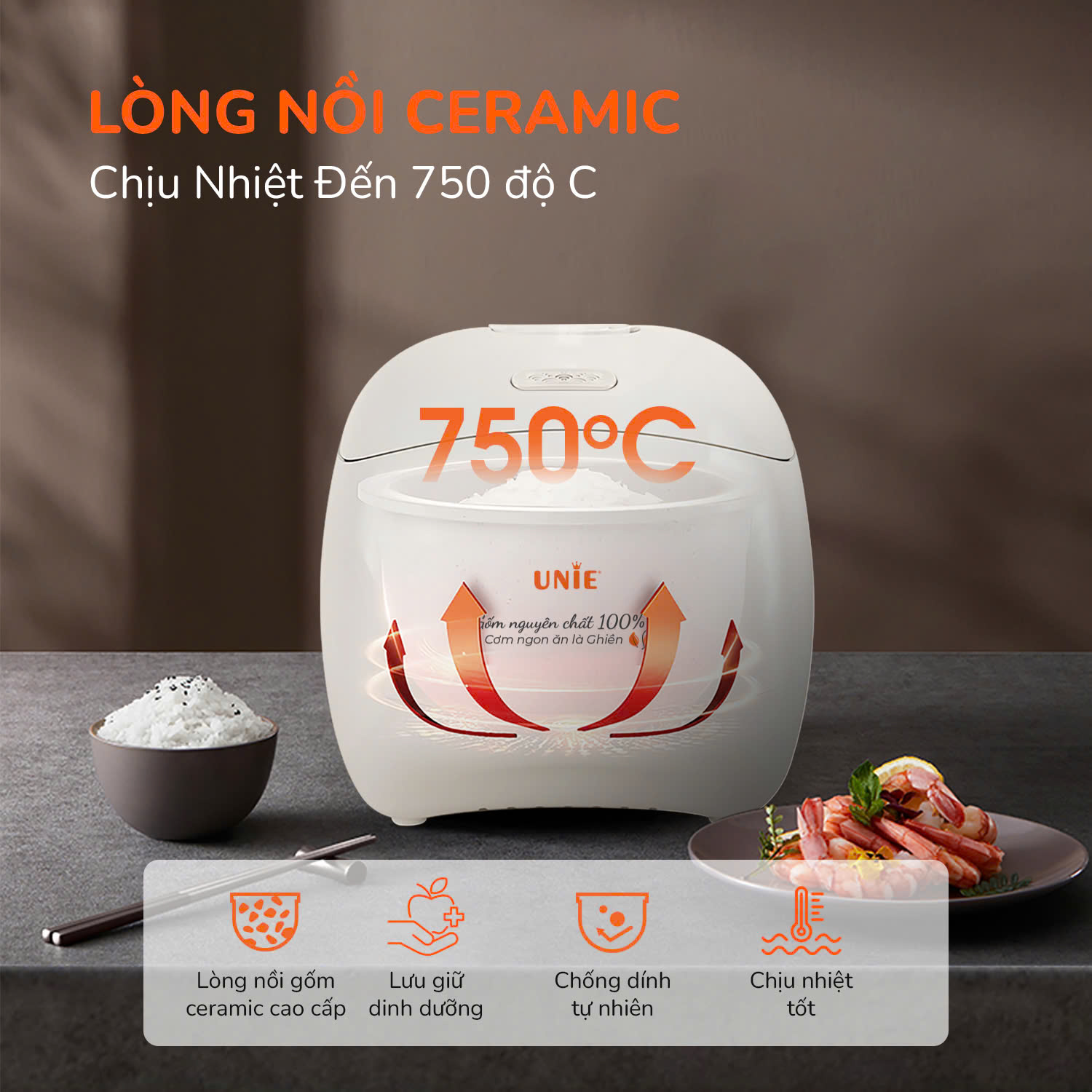 Nồi cơm điện UNIE URC810, dung tích 1L, lòng gốm ceramic - Ảnh 6