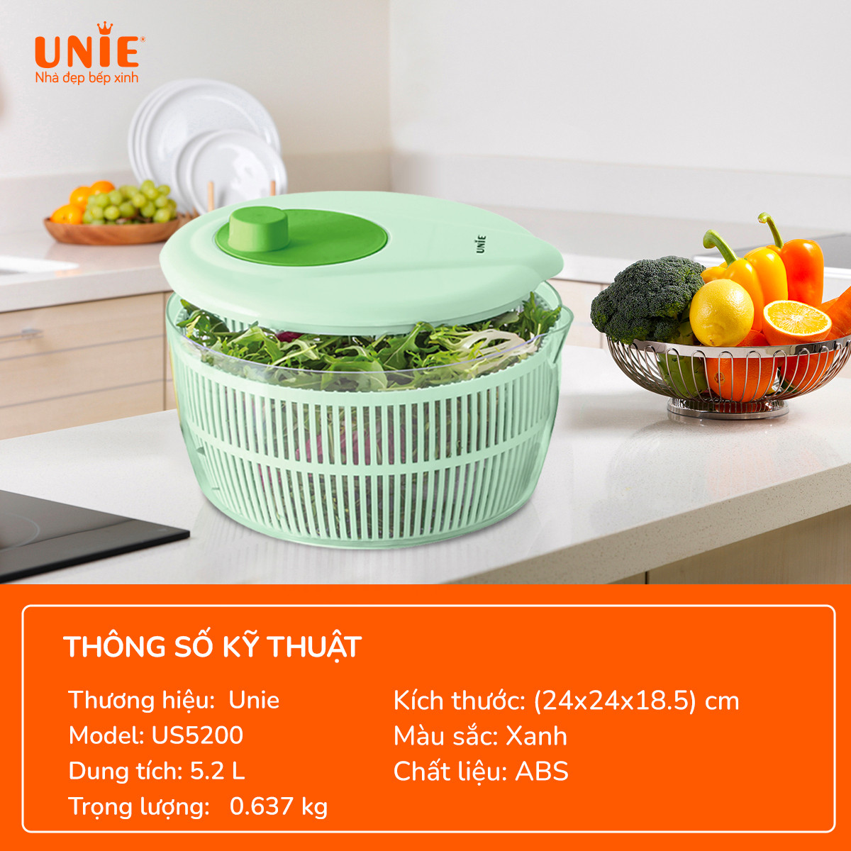 Rổ quay rau ly tâm Unie US5200 dung tích 5.2L, chất liệu nhựa ABS/PP - Ảnh 3