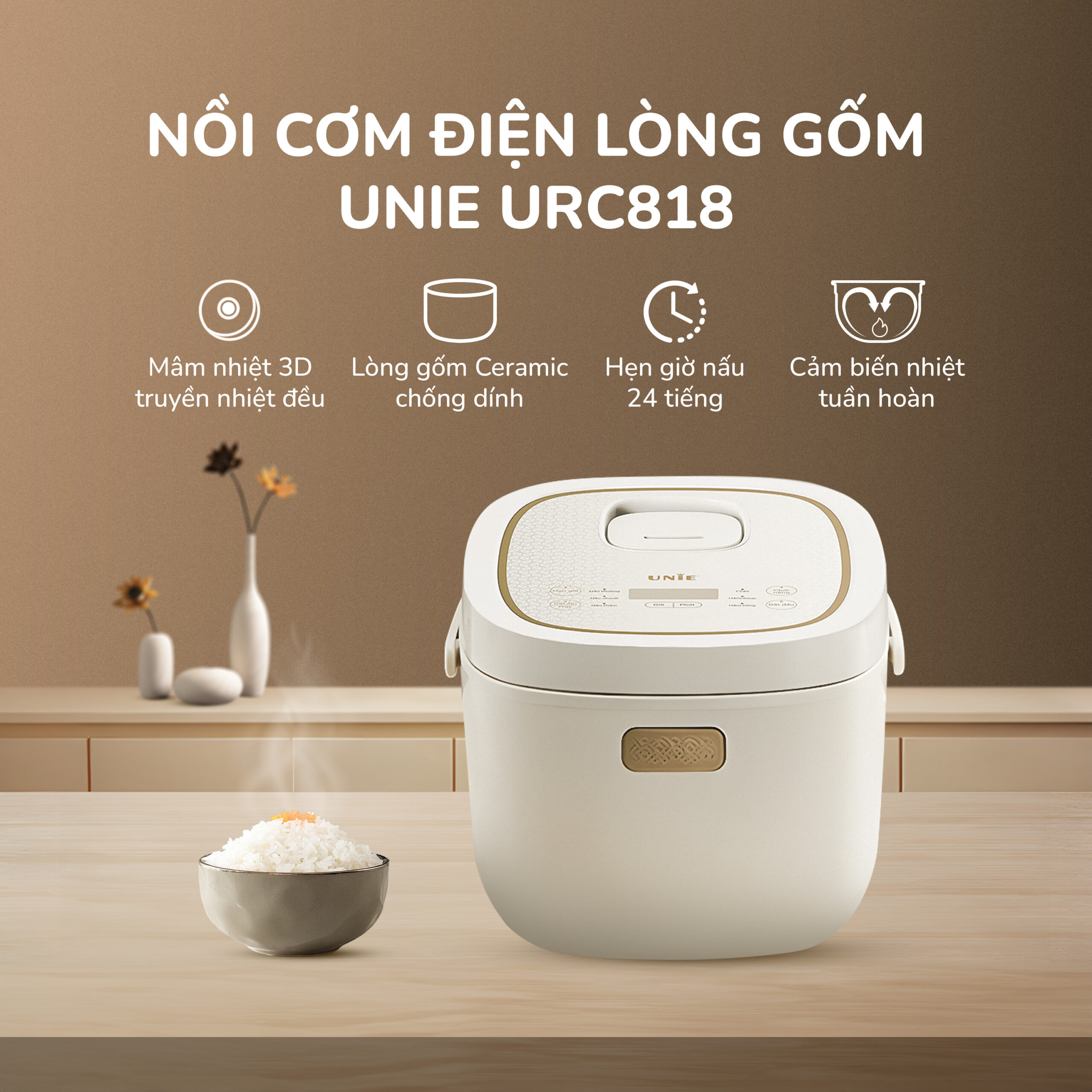 Nồi cơm điện lòng gốm cao cấp UNIE URC818, dung tích 1,8L - Ảnh 2