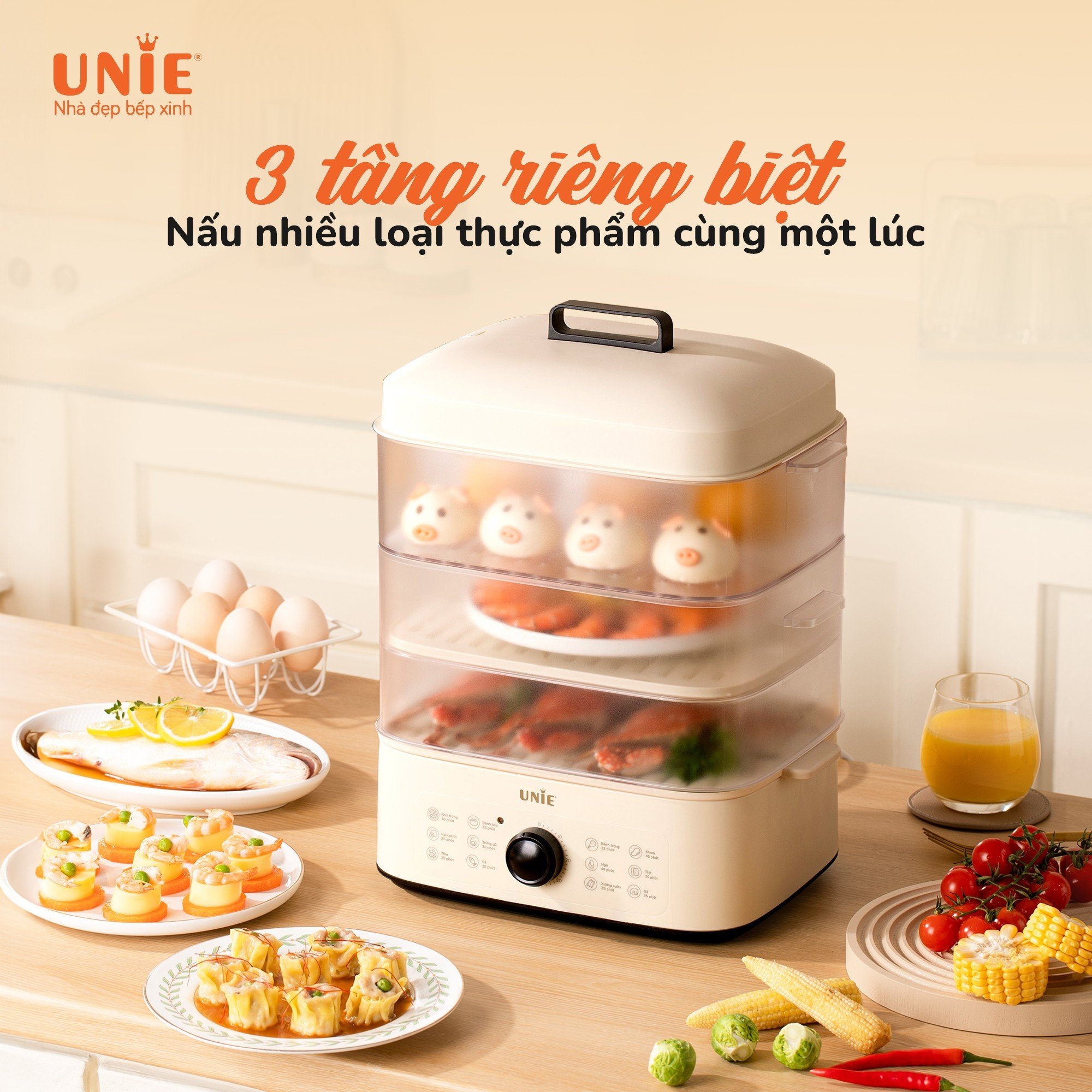 Nồi hấp UNIE UE560 dung tích 18L, 3 tầng hấp tiện lợi - Ảnh 2