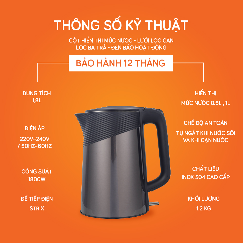 Ấm siêu tốc UNIE UE-302 dung tích 1.8L, đun sôi nhanh chóng - Ảnh 9