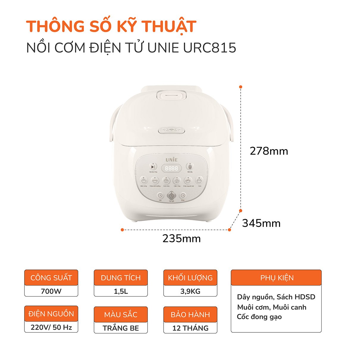 Nồi cơm điện lòng gốm tự nhiên UNIE URC815, dung tích 1,5L - Ảnh 11