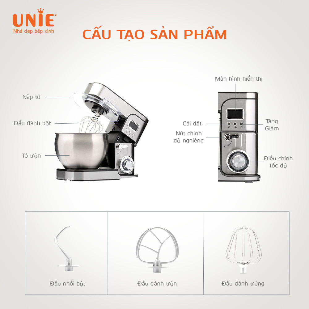 Máy nhồi bột đa năng UNIE EM5 dung tích 8L, 6 tốc độ đánh linh hoạt - Ảnh 7